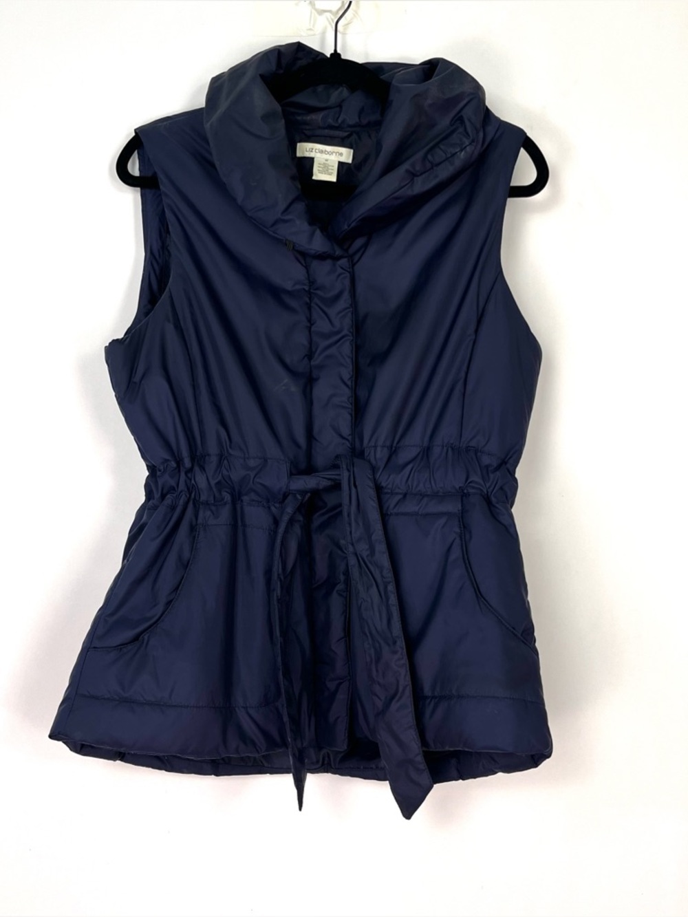 Liz Claiborne Navy Blue Puffer vest jacket tie waist sz Medium